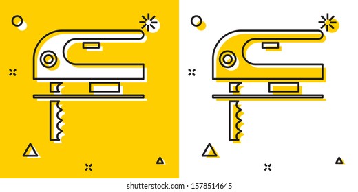 Black Electric jigsaw with steel sharp blade icon isolated on yellow and white background. Power tool for woodwork. Random dynamic shapes. Vector Illustration