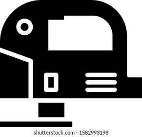 Black Electric jigsaw with steel sharp blade icon isolated on white background. Power tool for woodwork.  Vector Illustration