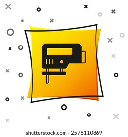 Black Electric jigsaw with steel sharp blade icon isolated on white background. Power tool for woodwork. Yellow square button. Vector