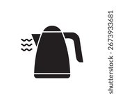Black electric kettle icon with steam symbol, representing boiling water, hot drink preparation, kitchen appliance, cooking equipment, tea kettle, and household utility design.