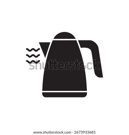 Black electric kettle icon with steam symbol, representing boiling water, hot drink preparation, kitchen appliance, cooking equipment, tea kettle, and household utility design.