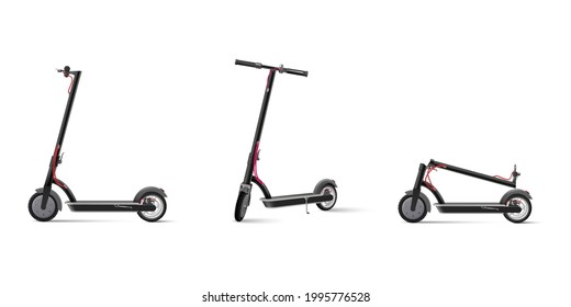  Black electric kick scooter on white background realistic  vector illustration. Realistic icon set. Isolated vector illustration.