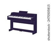 Black electric piano with keys. Synthesizer with pedal for playing music concert. Modern electronic keyboard instrument for melody performance. Flat isolated vector illustration on white background