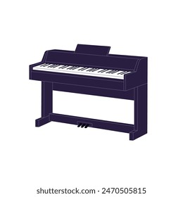 Black electric piano with keys. Synthesizer with pedal for playing music concert. Modern electronic keyboard instrument for melody performance. Flat isolated vector illustration on white background