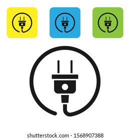 Black Electric plug icon isolated on white background. Concept of connection and disconnection of the electricity. Set icons colorful square buttons. Vector Illustration