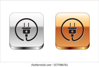 Black Electric plug icon isolated on white background. Concept of connection and disconnection of the electricity. Silver-gold square button. Vector Illustration