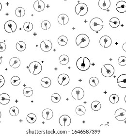 Black Electric plug icon isolated seamless pattern on white background. Concept of connection and disconnection of the electricity.  Vector Illustration