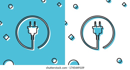 Black Electric plug icon isolated on blue and white background. Concept of connection and disconnection of the electricity. Random dynamic shapes. Vector Illustration