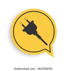 Black Electric plug icon isolated on white background. Concept of connection and disconnection of the electricity. Yellow speech bubble symbol. Vector.