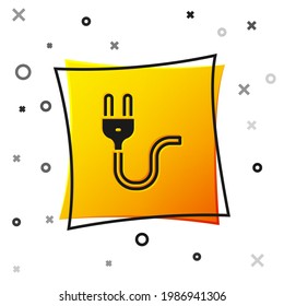 Black Electric plug icon isolated on white background. Concept of connection and disconnection of the electricity. Yellow square button. Vector
