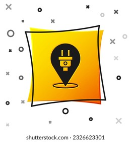 Black Electric plug icon isolated on white background. Concept of connection and disconnection of the electricity. Yellow square button. Vector