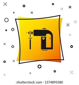 Black Electric rotary hammer drill machine icon isolated on white background. Working tool for construction, finishing, repair work. Yellow square button. Vector Illustration