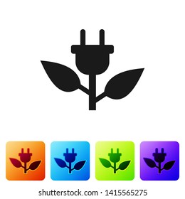 Black Electric saving plug in leaf icon isolated on white background. Save energy electricity icon. Environmental protection icon. Bio energy. Set icon in color square buttons. Vector Illustration