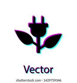Black Electric saving plug in leaf icon isolated on white background. Save energy electricity icon. Environmental protection icon. Bio energy. Vector Illustration