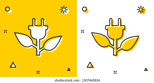 Black Electric saving plug in leaf icon isolated on yellow and white background. Save energy electricity icon. Environmental protection icon. Bio energy. Random dynamic shapes. Vector Illustration