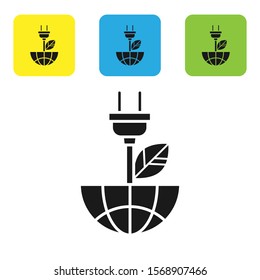 Black Electric saving plug in leaf icon isolated on white background. Save energy electricity icon. Environmental protection icon. Bio energy. Set icons colorful square buttons. Vector Illustration