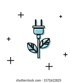 Black Electric saving plug in leaf icon isolated on white background. Save energy electricity icon. Environmental protection icon. Bio energy.  Vector Illustration