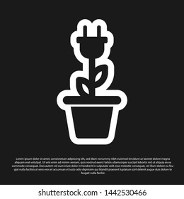 Black Electric saving plug in pot icon isolated on black background. Save energy electricity icon. Environmental protection icon. Bio energy. Vector Illustration