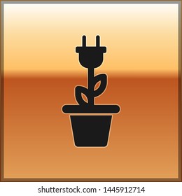 Black Electric saving plug in pot icon isolated on gold background. Save energy electricity icon. Environmental protection icon. Bio energy. Vector Illustration
