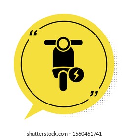 Black Electric scooter icon isolated on white background. Yellow speech bubble symbol. Vector Illustration