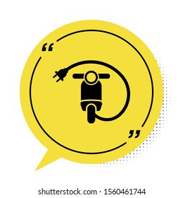 Black Electric scooter icon isolated on white background. Yellow speech bubble symbol. Vector Illustration