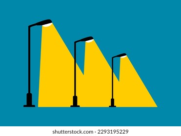 Black electric streetlight lamp pole illumination yellow light at night flat icon vector design.