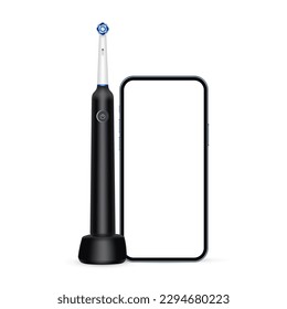 Black Electric Toothbrush on Charger, Smartphone. Mobile Interactive Connection Concept. Vector Illustration