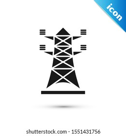 Black Electric tower used to support an overhead power line icon isolated on white background. High voltage power pole line.  Vector Illustration