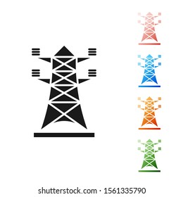 Black Electric tower used to support an overhead power line icon isolated on white background. High voltage power pole line. Set icons colorful. Vector Illustration