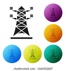 Black Electric tower used to support an overhead power line icon isolated on white background. High voltage power pole line. Set icons colorful circle buttons. Vector Illustration