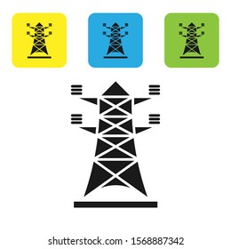 Black Electric tower used to support an overhead power line icon isolated on white background. High voltage power pole line. Set icons colorful square buttons. Vector Illustration