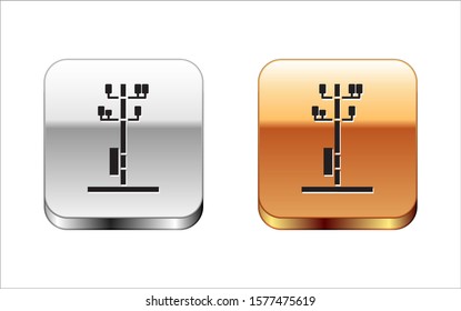 Black Electric tower used to support an overhead power line icon isolated on white background. High voltage power pole line. Silver-gold square button. Vector Illustration