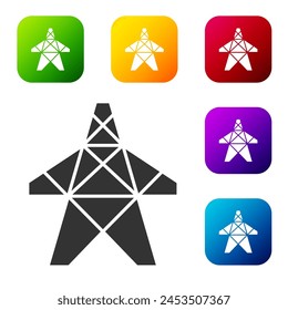 Torre eléctrica negra usada para la Asistencia de un ícono de línea eléctrica superior aislado sobre fondo blanco. Línea de poste de alta tensión. Establecer iconos en Botones cuadrados de color. Vector