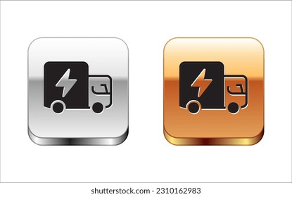 Black Electric truck icon isolated on white background. Silver and gold square buttons. Vector