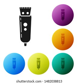 Black Electrical hair clipper or shaver icon isolated on white background. Barbershop symbol. Set icons colorful circle buttons. Vector Illustration