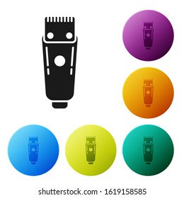 Black Electrical hair clipper or shaver icon isolated on white background. Barbershop symbol. Set icons colorful circle buttons. Vector Illustration