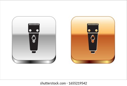 Black Electrical hair clipper or shaver icon isolated on white background. Barbershop symbol. Silver-gold square button. Vector Illustration