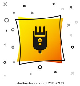 Black Electrical hair clipper or shaver icon isolated on white background. Barbershop symbol. Yellow square button. Vector Illustration