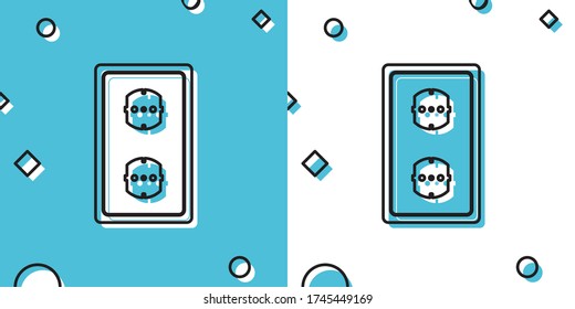 Black Electrical outlet icon isolated on blue and white background. Power socket. Rosette symbol. Random dynamic shapes. Vector Illustration