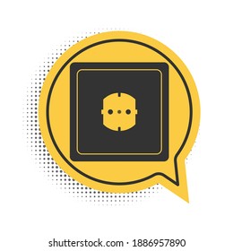 Black Electrical outlet icon isolated on white background. Power socket. Rosette symbol. Yellow speech bubble symbol. Vector.