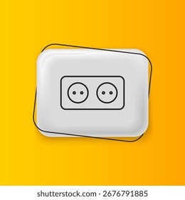 Icono de toma de corriente eléctrica negro aislado sobre fondo amarillo. Toma de corriente. Símbolo de la roseta. Botón rectángulo plateado. Vector