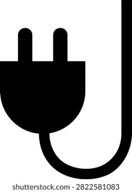 Black electrical plug silhouette icon with a curved cable. Vector symbol representing power connection and technology. Useful for energy, hardware, and appliance designs.