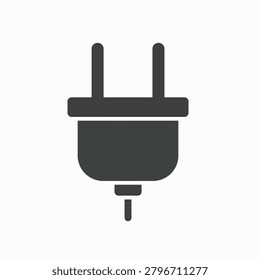 A black electrical plug with two metal prongs and a grounding pin.