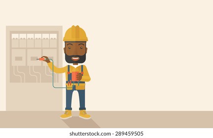 A black Electrician wearing hard hat repairing an electrical panel. A Contemporary style with pastel palette, soft beige tinted background. Vector flat design illustration. Horizontal layout with text