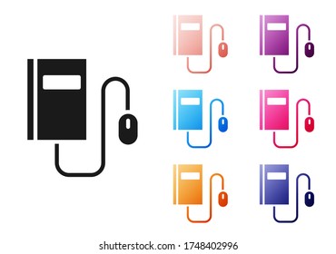 Black Electronic book with mouse icon isolated on white background. Online education concept. E-book badge icon. Set icons colorful. Vector Illustration