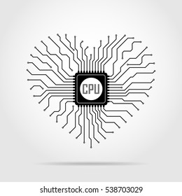 Black electronic circuit board with chip in shape of heart. Vector illustration. Abstract technology background.