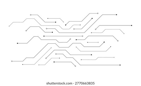 Black electronic circuit board lines with circular connection points arranged on a solid white background pattern