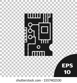 Black Electronic computer components motherboard digital chip integrated science icon isolated on transparent background. Circuit board.  Vector Illustration