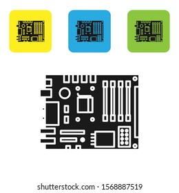 Black Electronic computer components motherboard digital chip integrated science icon isolated on white background. Circuit board. Set icons colorful square buttons. Vector Illustration
