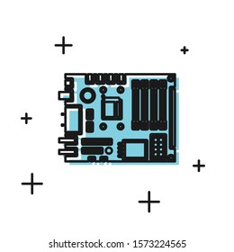 Black Electronic computer components motherboard digital chip integrated science icon isolated on white background. Circuit board.  Vector Illustration